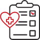 Black and red line art depicting a clipboard with a red checkmark and a heart with a medical cross icon inside